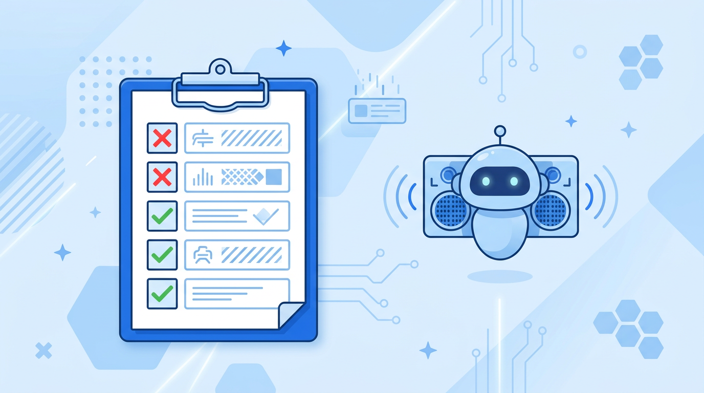 Illustration of a checklist clipboard with red crosses and green checks beside a robot speaker — common TTS mistakes
