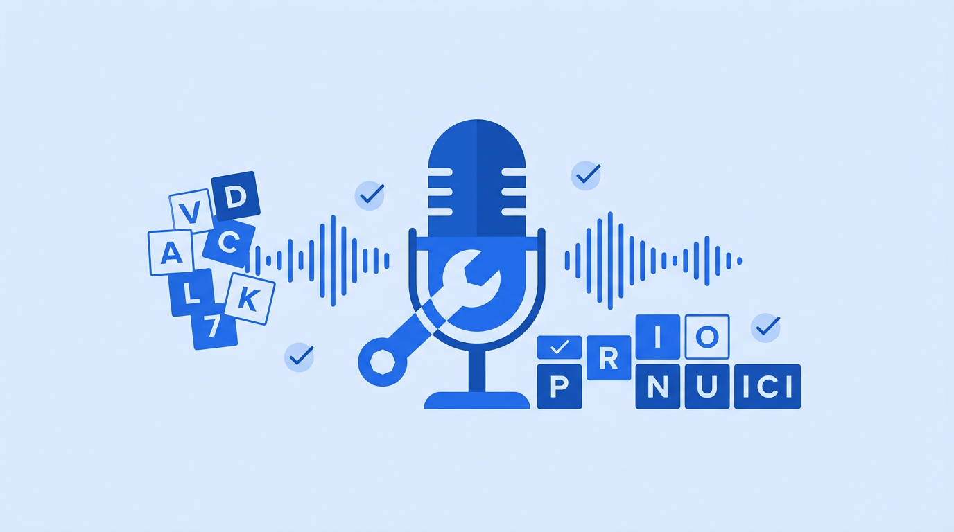 Illustration of a microphone being repaired with letter tiles rearranged into correct order — fixing AI voice pronunciation