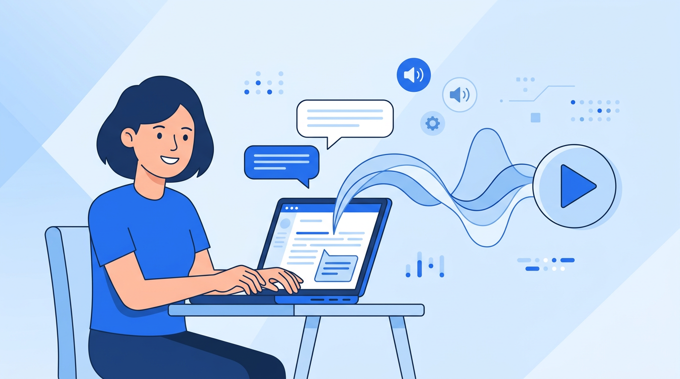 Illustration of converting text into speech waves with a laptop — text to speech beginner guide