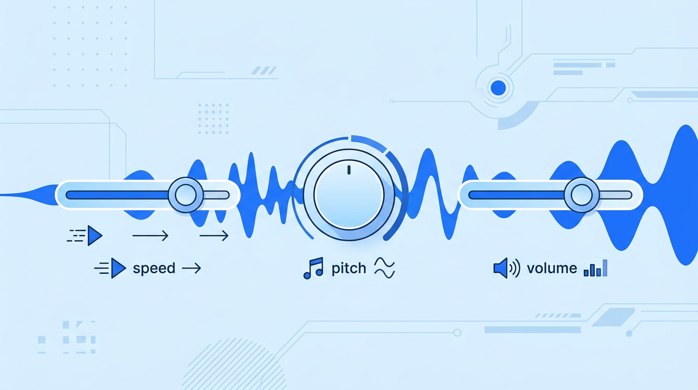 Illustration of slider controls adjusting speed, pitch and volume of sound waves — TTS settings guide