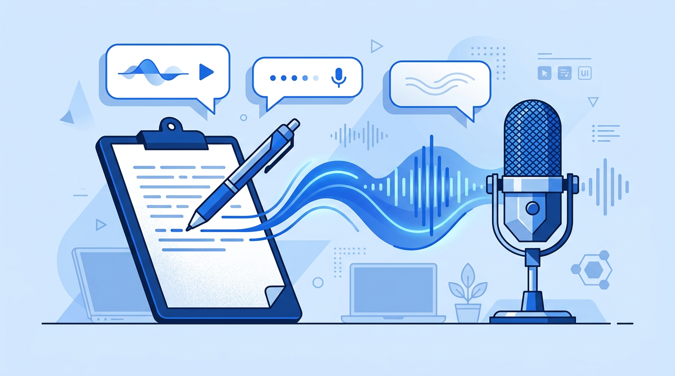 Illustration of a pen writing lines that transform into sound waves toward a microphone — writing scripts for voiceover